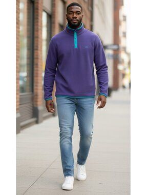 NEW Hudson North Half Zipper Fleece Sweatshirt Blue with Teal Piping Large